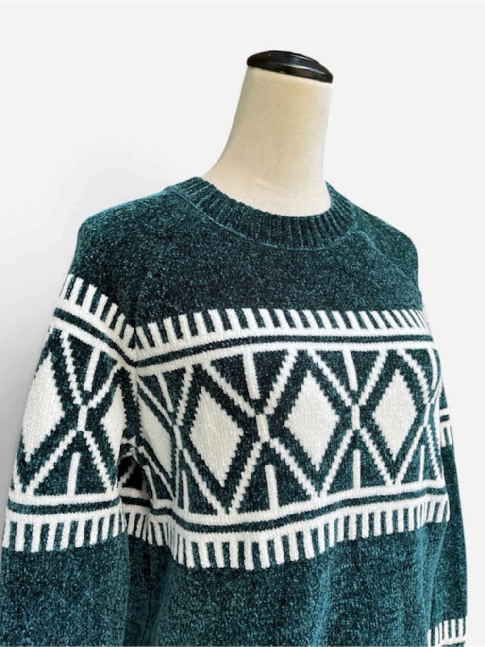 Christian Siriano New York Chenille Fair Isle Crew Neck Sweater in Emerald Sz M